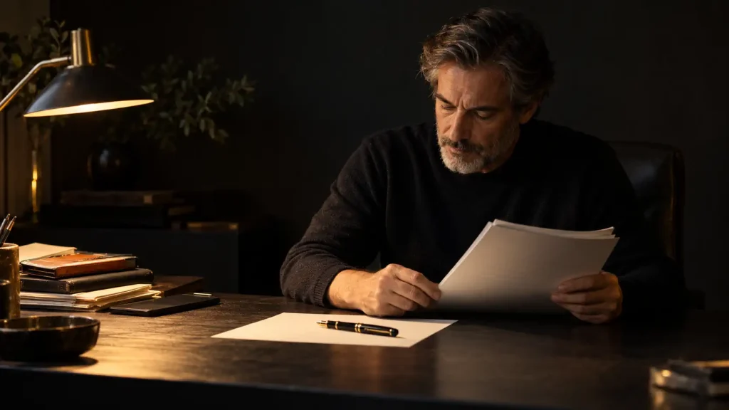 Escritor trabajando sobre un manuscrito con un plan de escritura sencillo